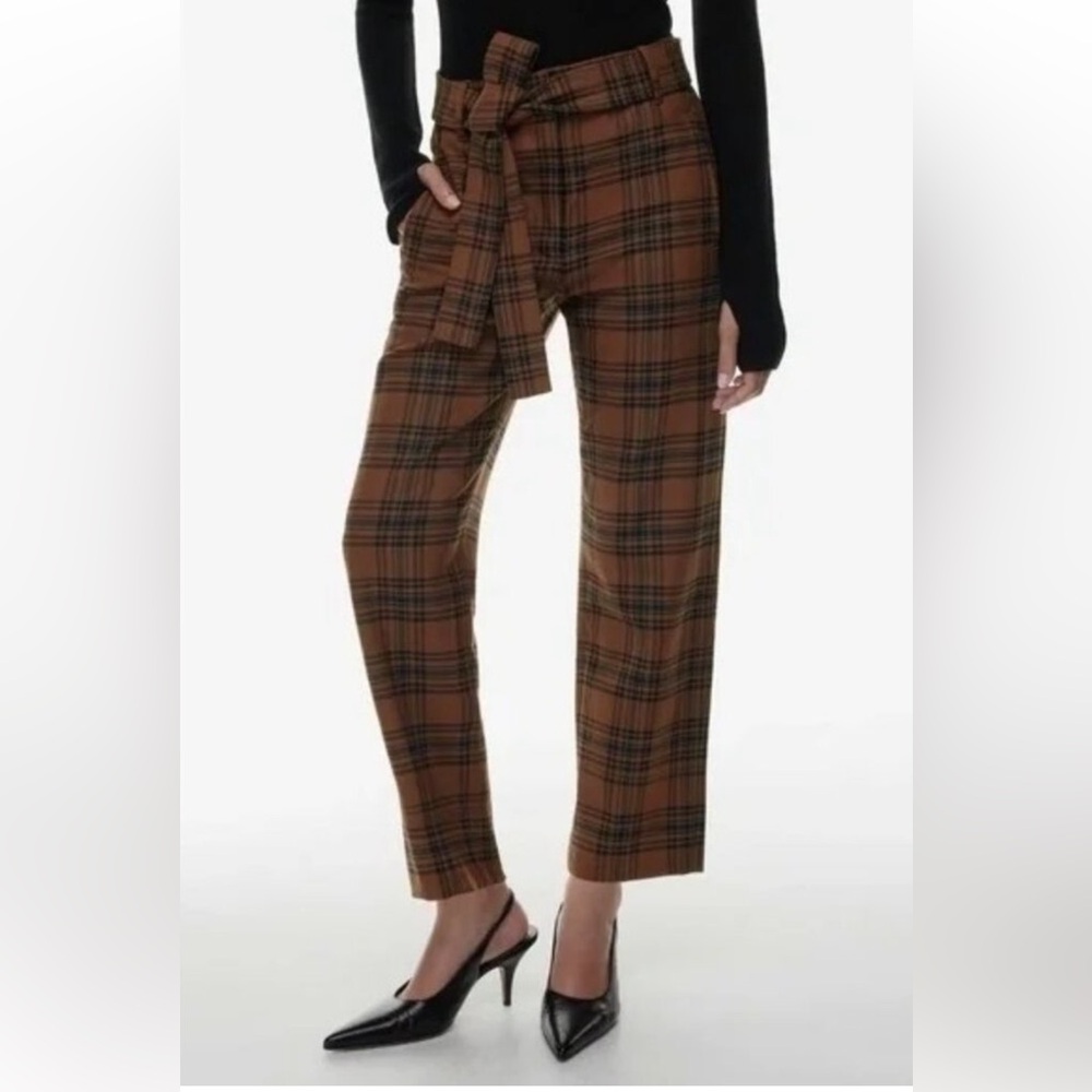 New Aritzia Wilfred  Plaid Tie-Belt Pants in cognac black size 2
